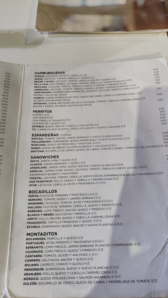 Restaurante El Establo — Carta