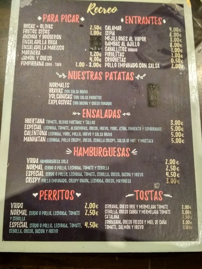 Cafe Bar Recreo — Carta
