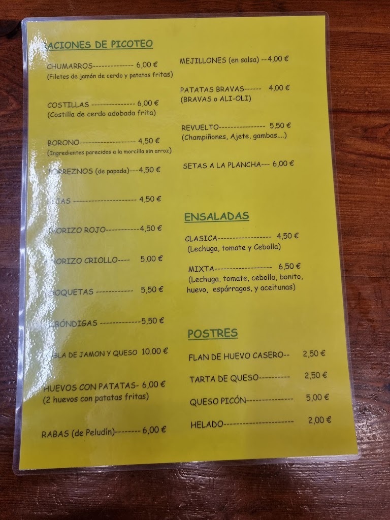 Restaurante El Chumarru — Carta