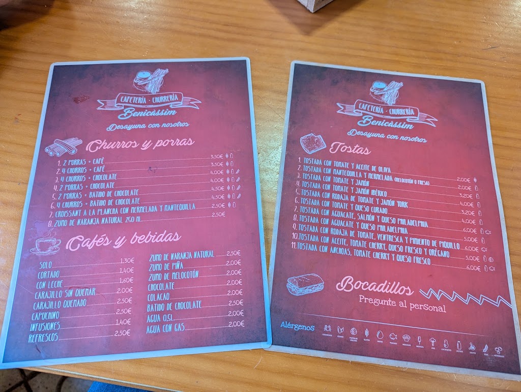 Churreria cafeteria Benicassim — Carta