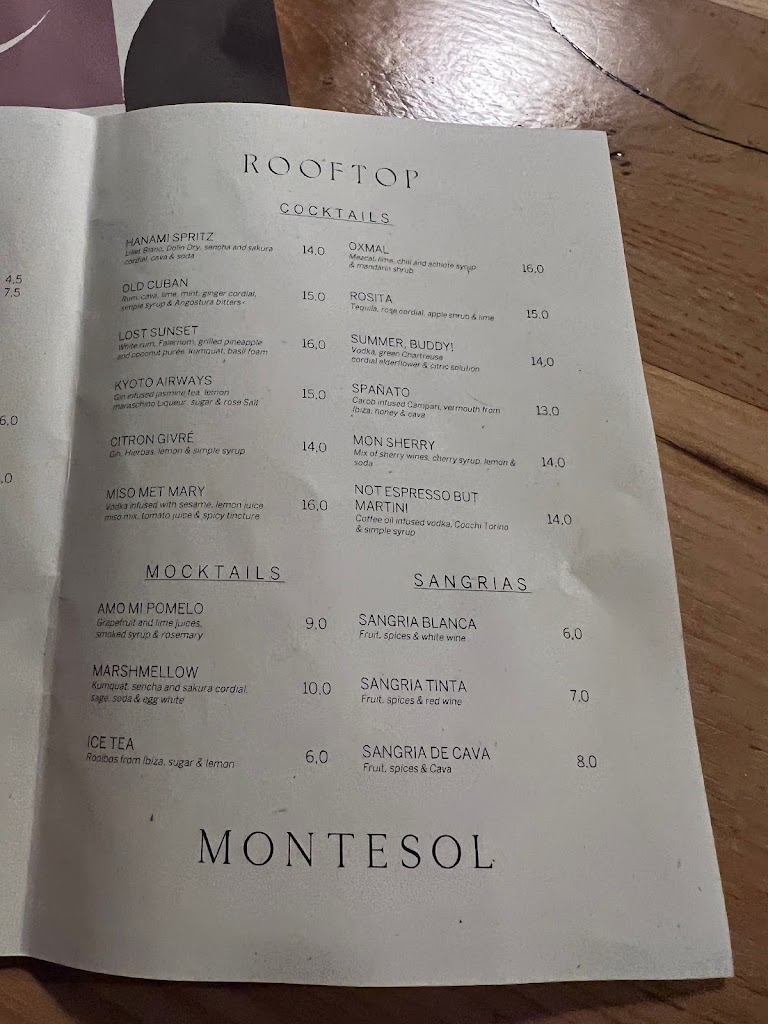 Cafe Montesol & Rooftop Bar — Carta