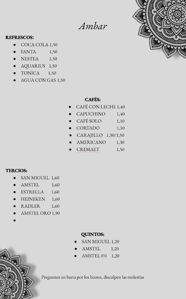 Bar Ambar — Carta