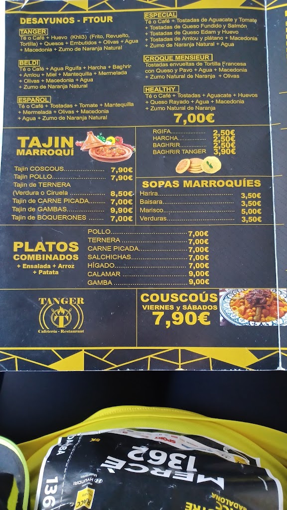 Cafeteria restaurant Tanger — Carta