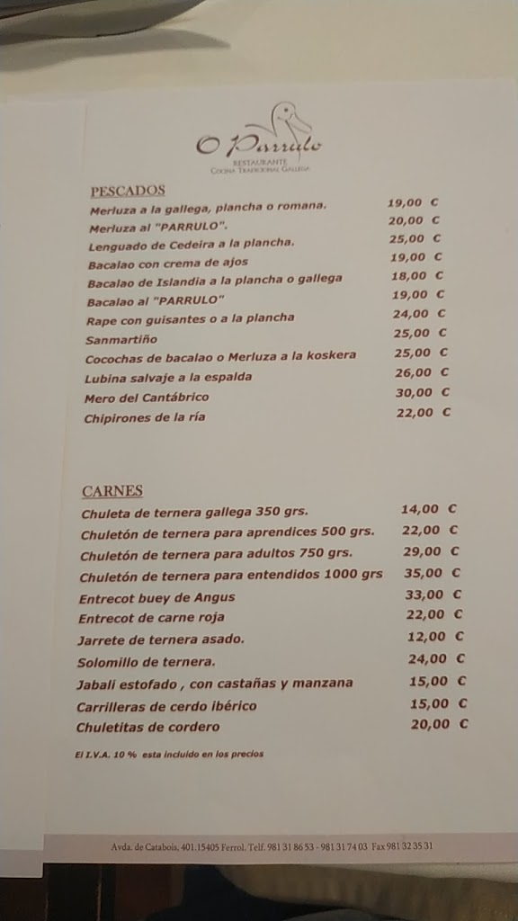Restaurante O Parrulo — Carta