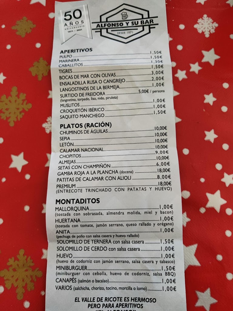Cerveceria Alfonso y su bar — Carta