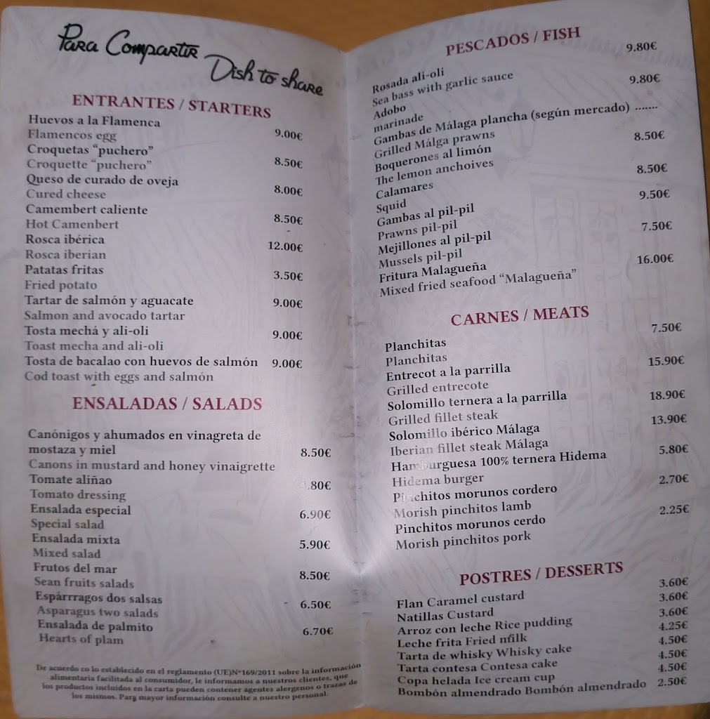 Restaurante Hidema — Carta