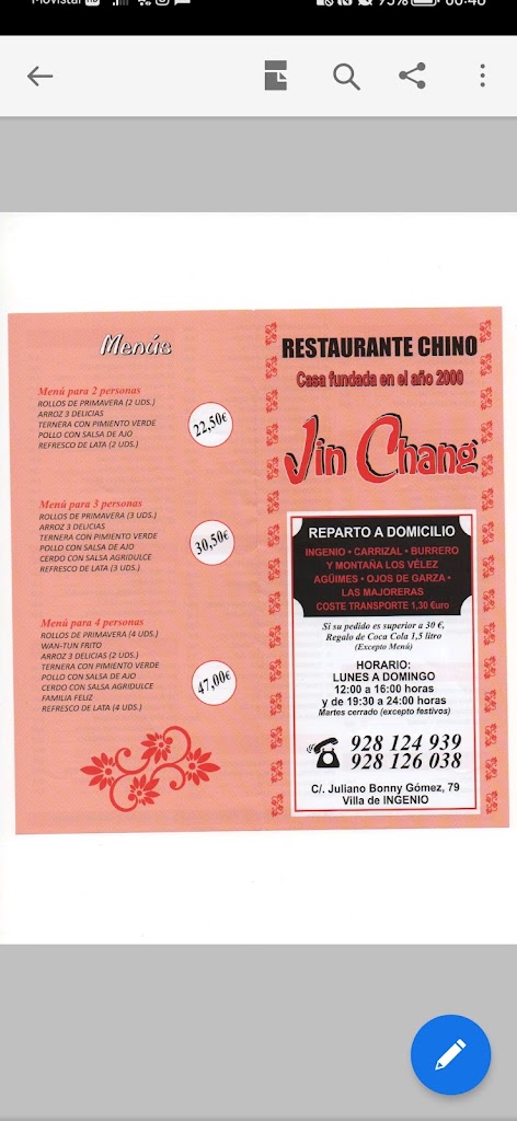 Restaurante Jinchang — Carta