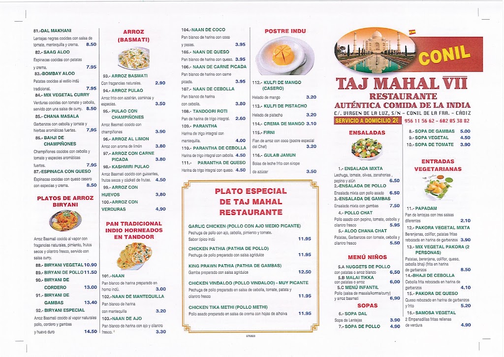 Restaurante Taj Mahal Conil — Carta