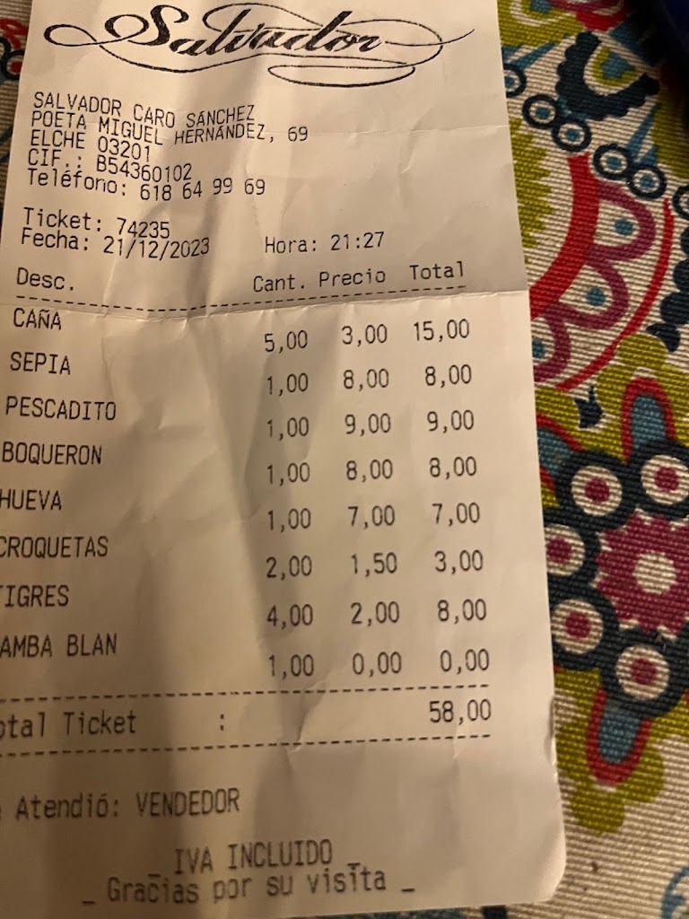 Bar De Tapas Salvador — Carta