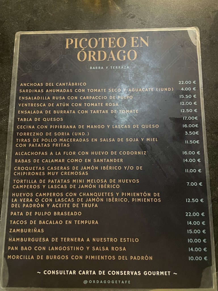 Ordago Restaurante Getafe — Carta