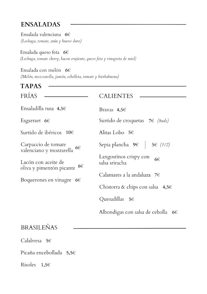 El Chiringuito del lobo — Carta