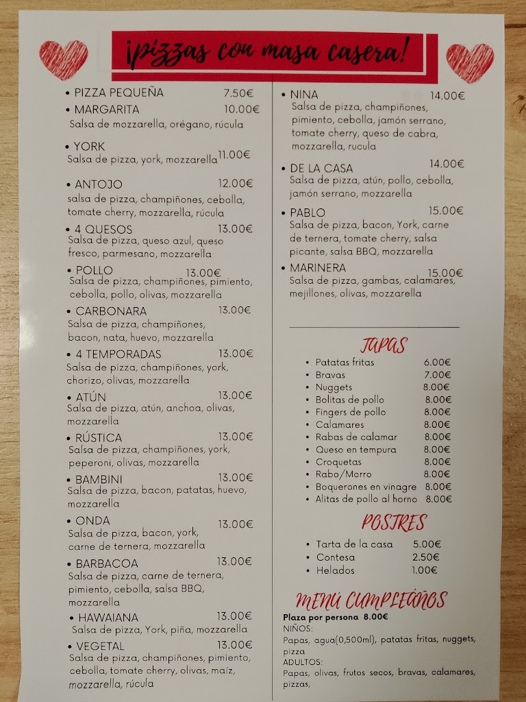 Pizzeria Nina — Carta
