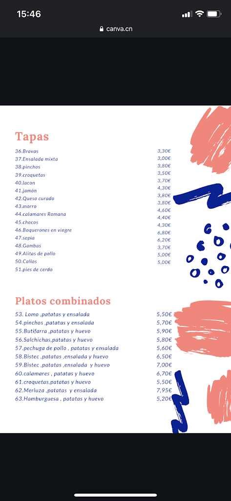 Bar la canita — Carta