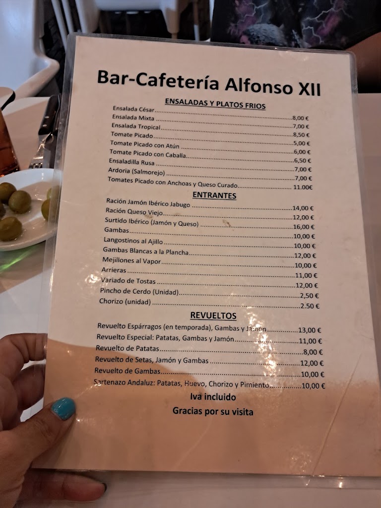 Cerveceria Cafeteria Alfonso XII — Carta