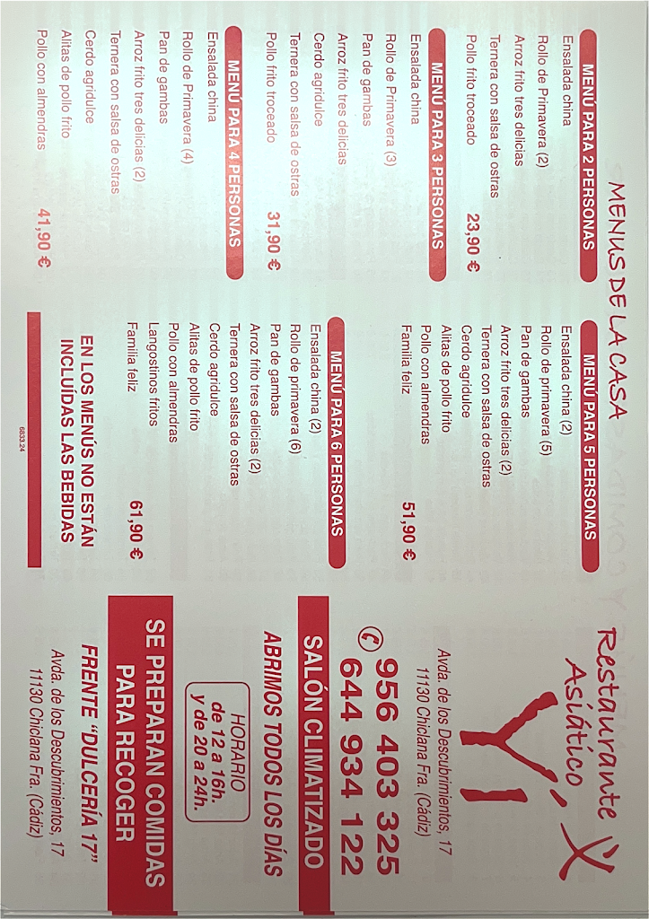 Restaurante Asiatico Yi — Carta