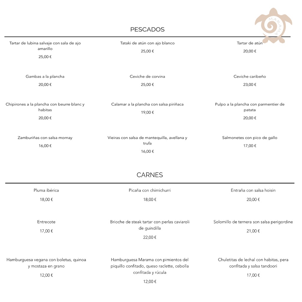 Restaurante Marama — Carta