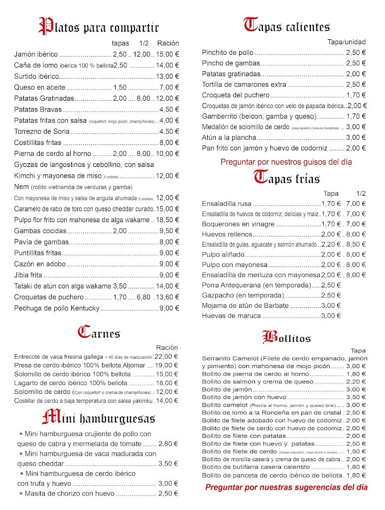 Restaurante Bar de tapas Camelot — Carta