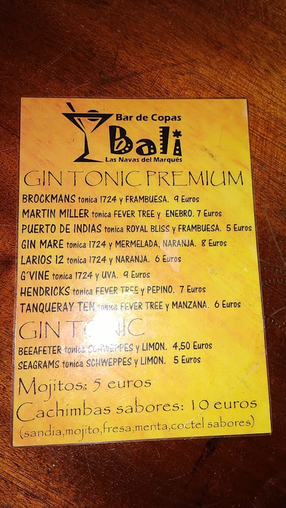 Bar Bali — Carta