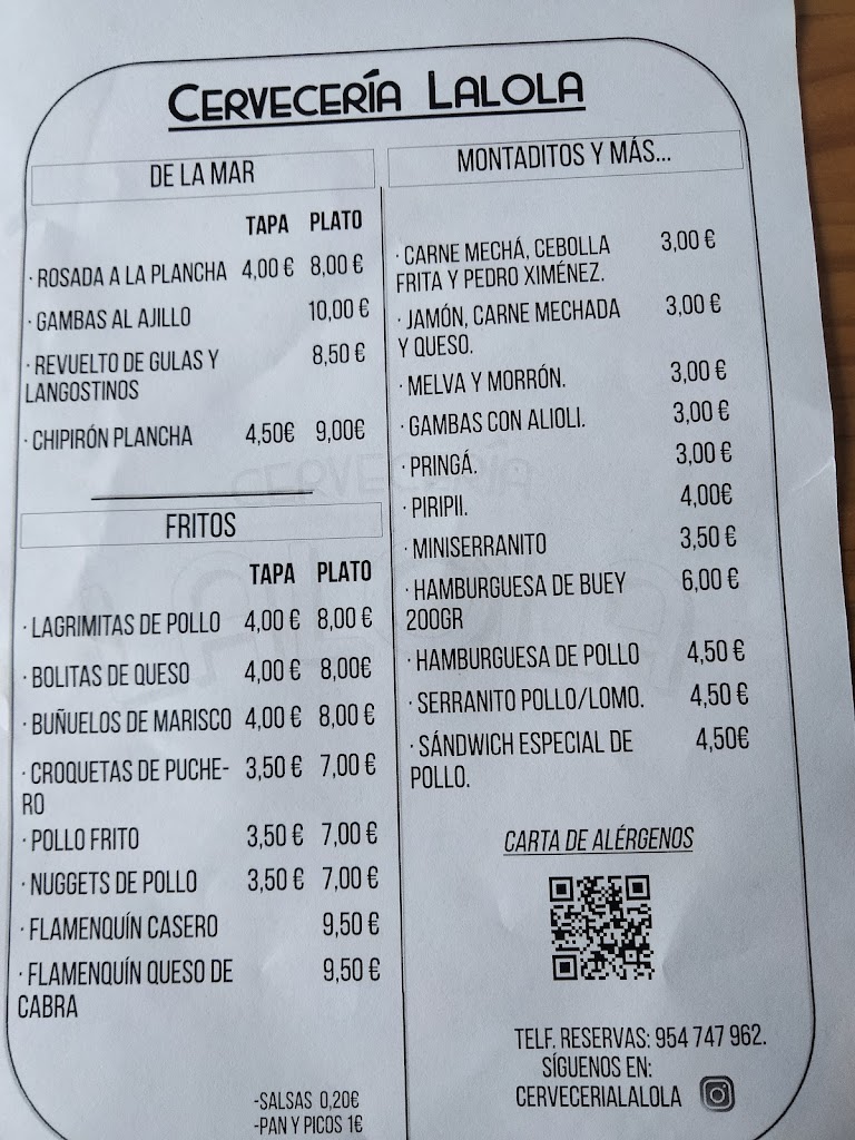 Cerveceria LaLola — Carta