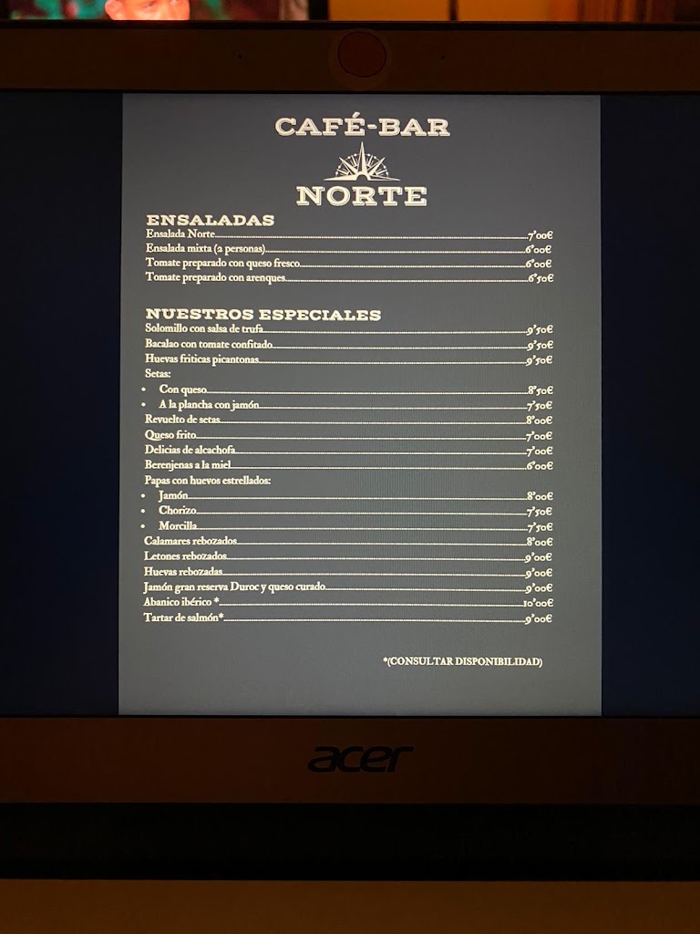 Cafe Bar Norte Aguilas S.L. — Carta