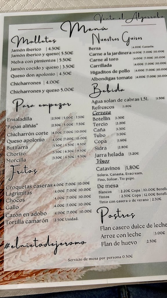 Venta El Algarrobo — Carta