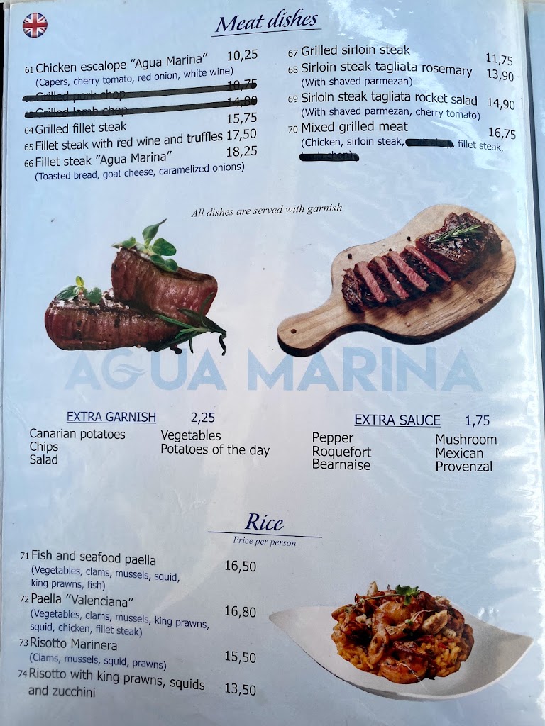 Restaurante Agua marina — Carta