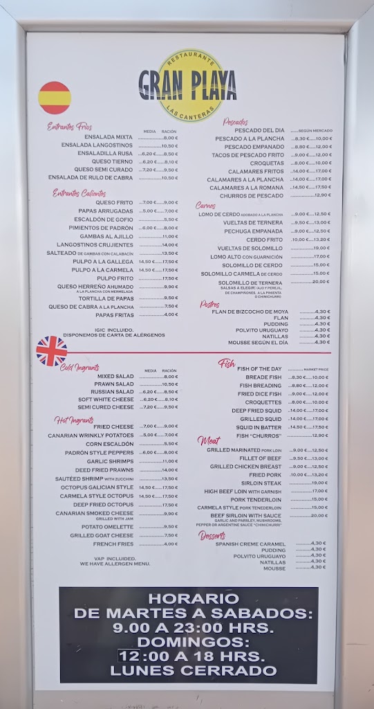 Restaurante Gran Playa — Carta