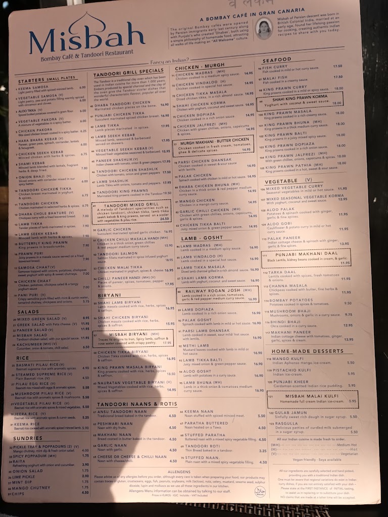 Restaurante Misbah — Carta