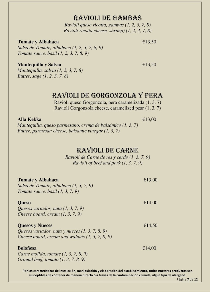Taller De Pasta Fresca los Llanos — Carta