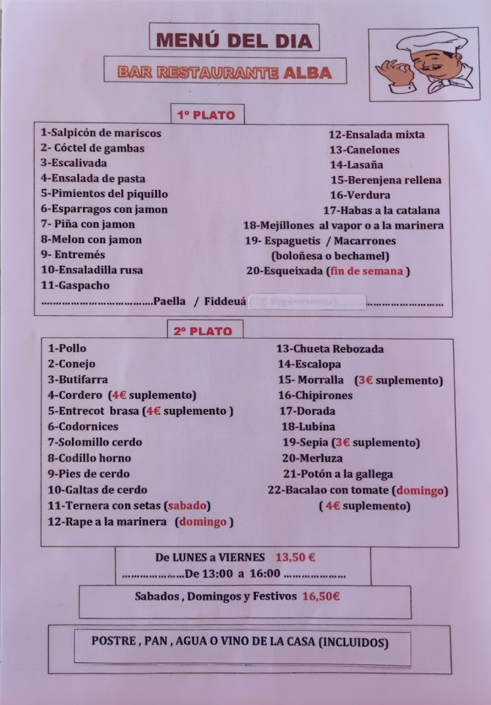 Bar Restaurant Alba — Carta
