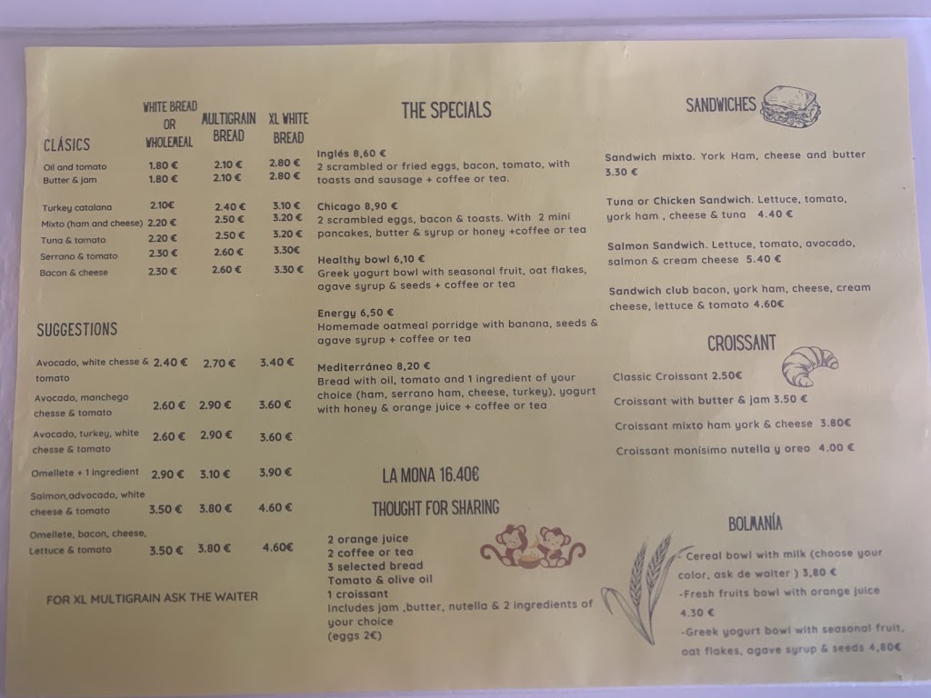 La mona chita cafe — Carta