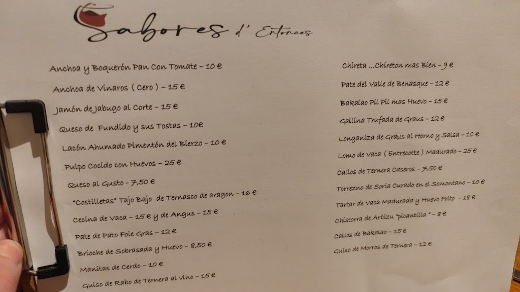 Sabores d' Entonces — Carta