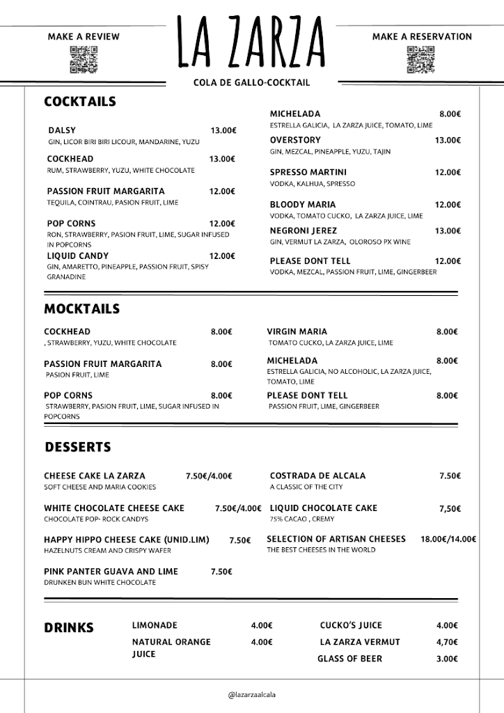 Restaurante La Zarza — Carta