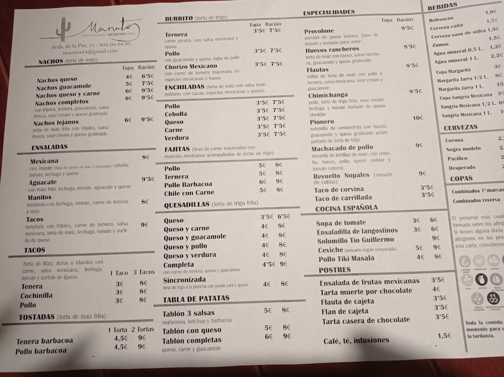 Restaurante Los Manitos — Carta