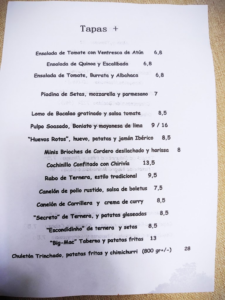 Taberna del Xef — Carta