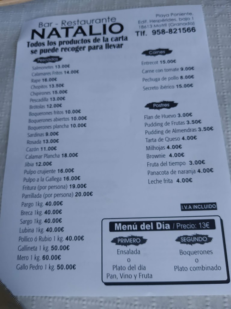 Restaurante Natalio — Carta