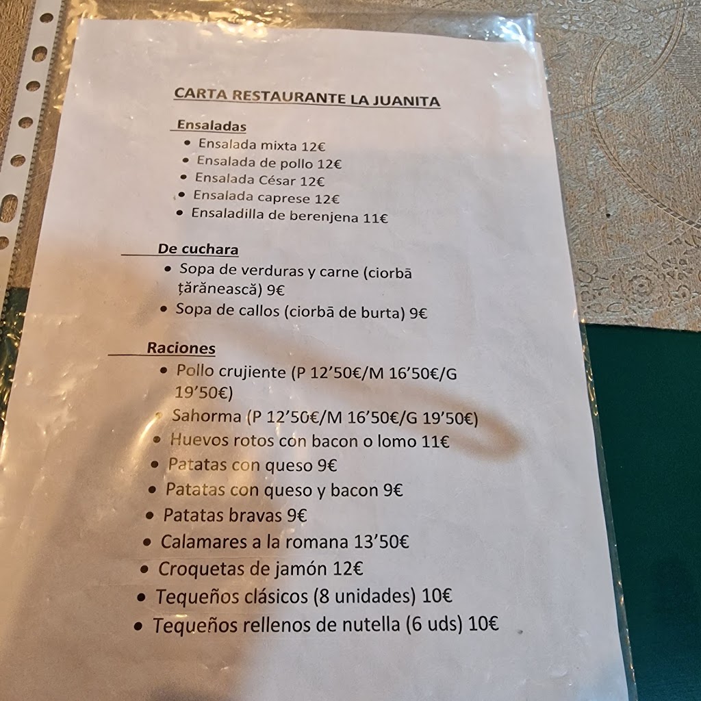 Bar restaurante la Juanita — Carta