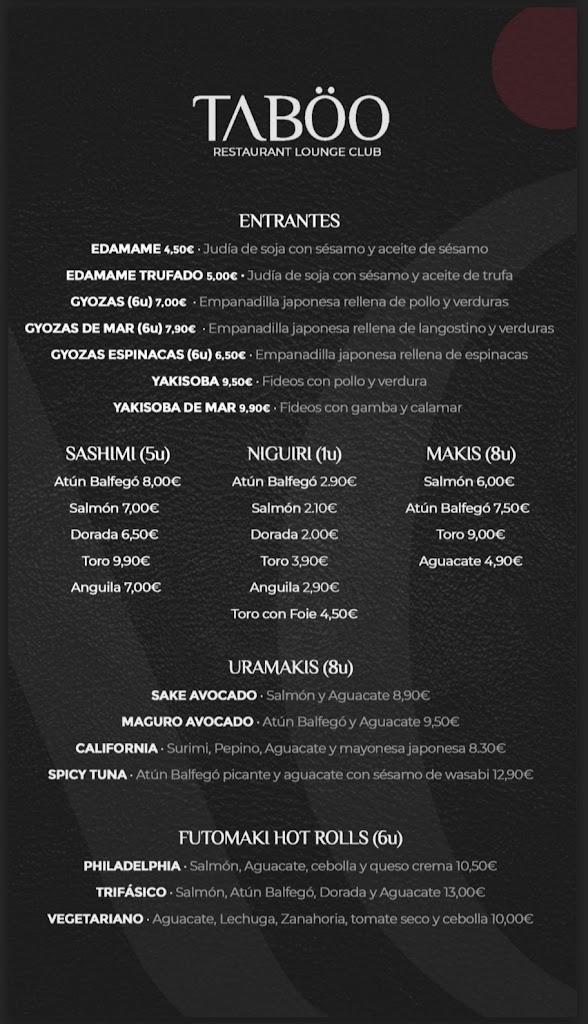 TABOO MARESME Restaurant Lounge — Carta
