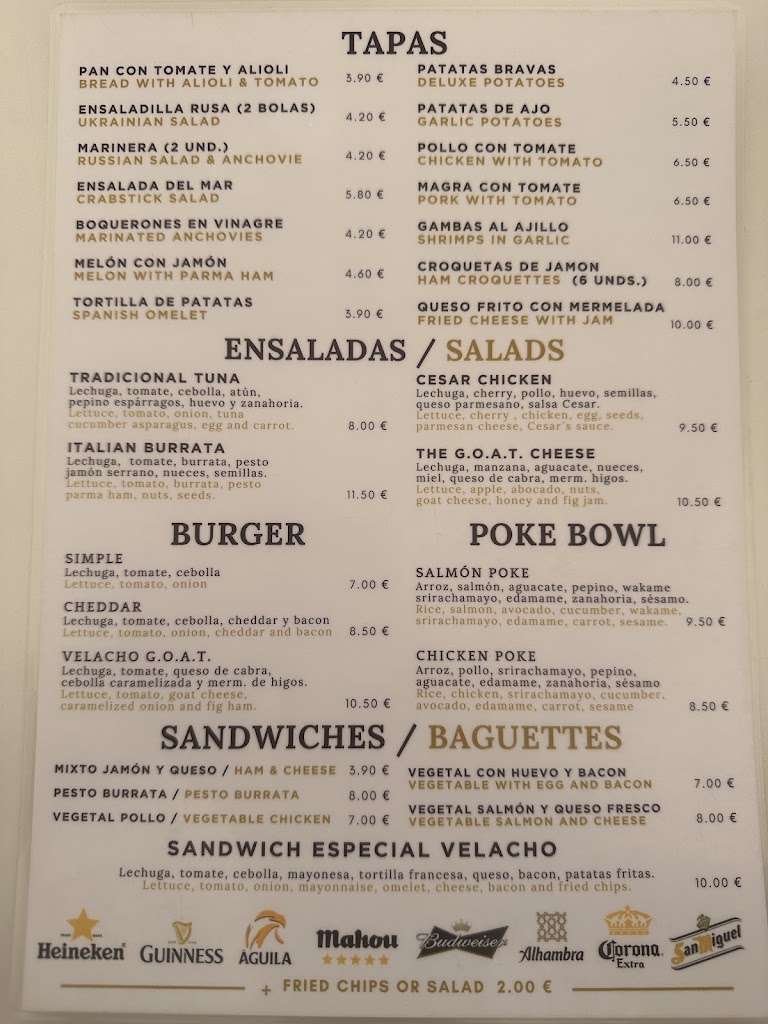 Cafe Velacho — Carta