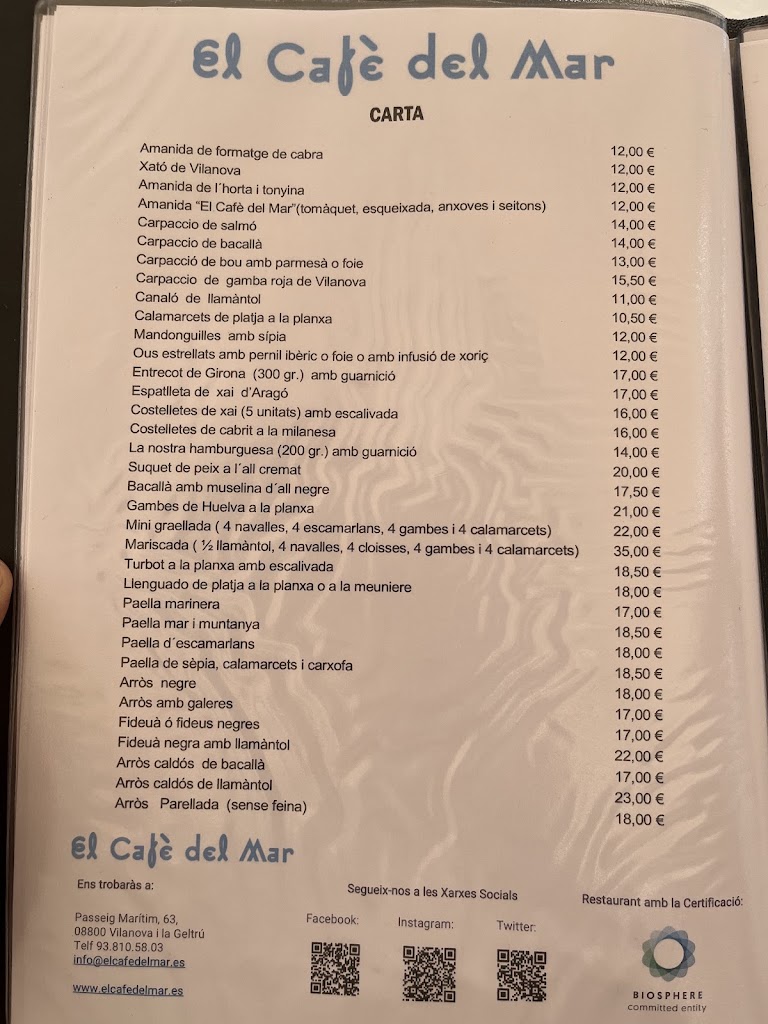 El Cafe del Mar — Carta