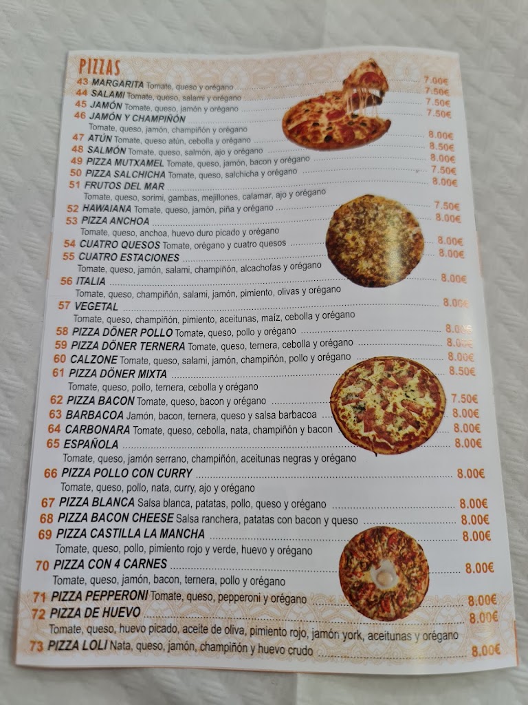 Restaurant Kebab Pizzeria Mutxamel — Carta