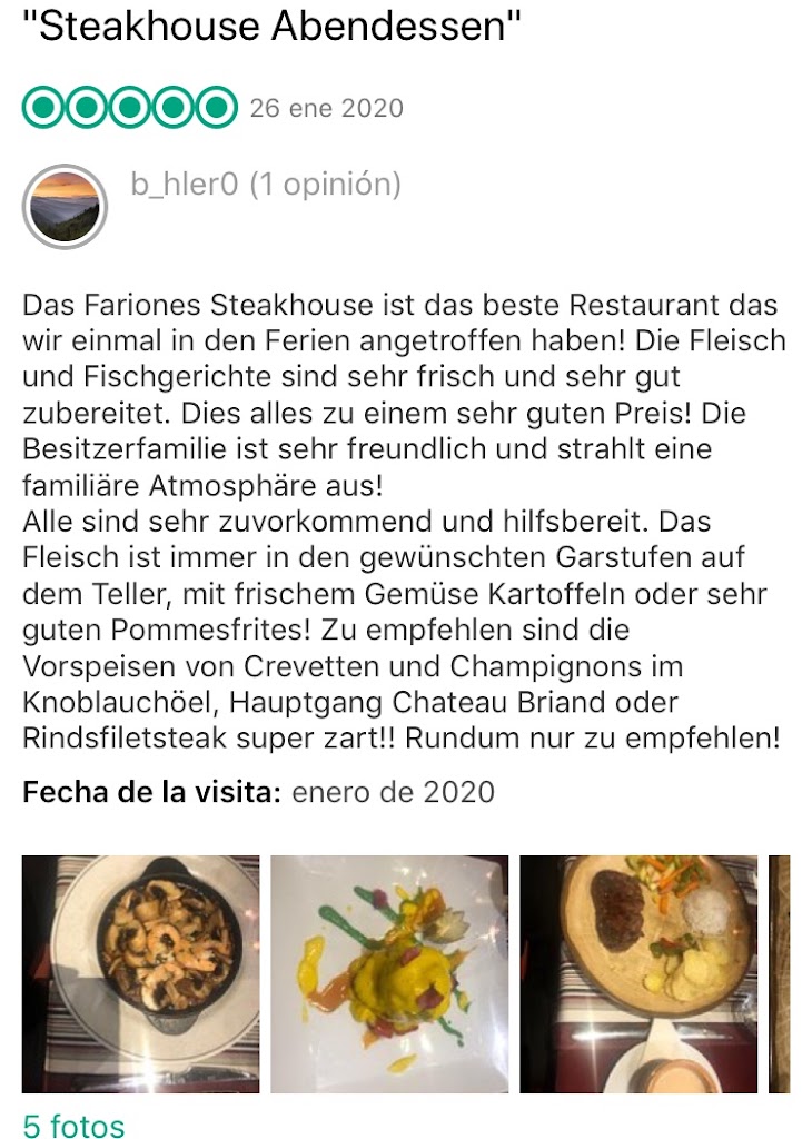 Steak House Fariones Grill - Puerto del Carmen — Carta