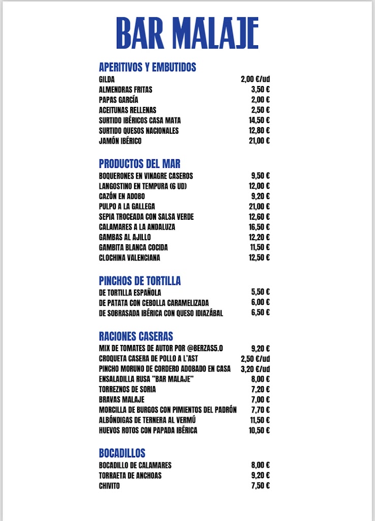 Bar Malaje — Carta