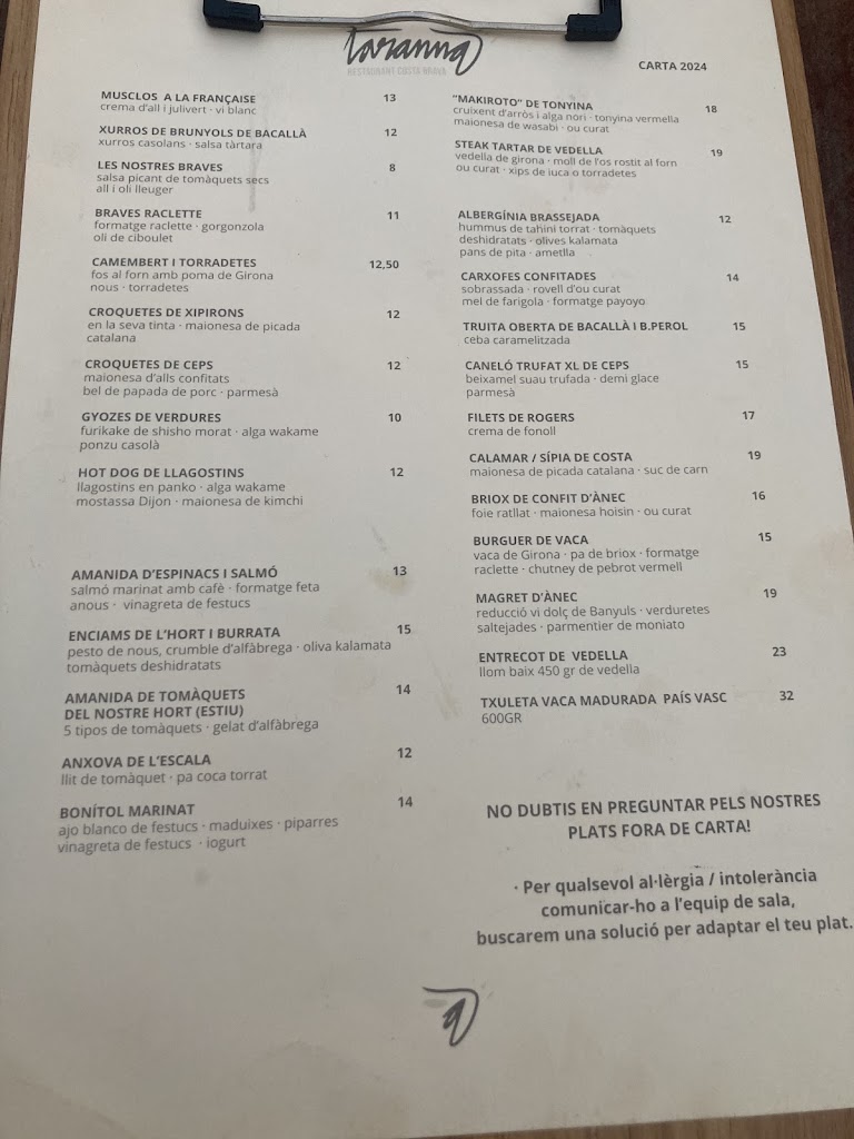 Taranna Restaurant Costa Brava — Carta
