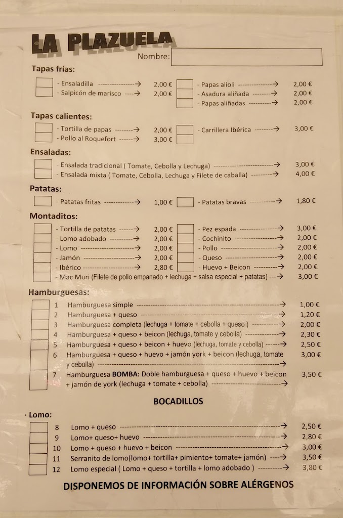 Cafe-bar la plazuela. — Carta