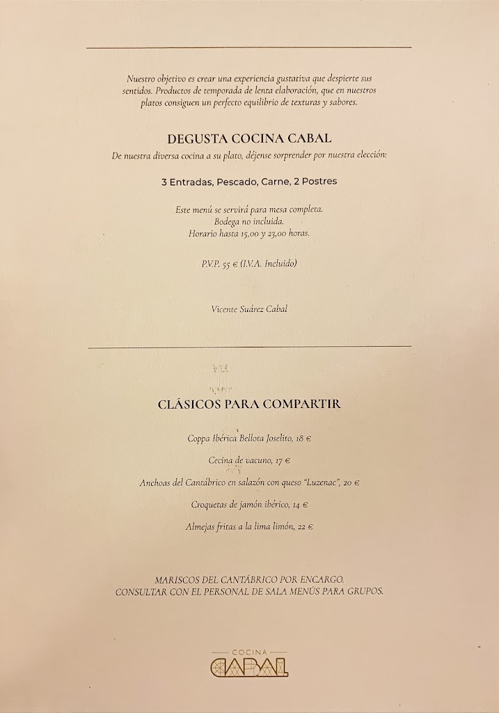 Cocina Cabal — Carta