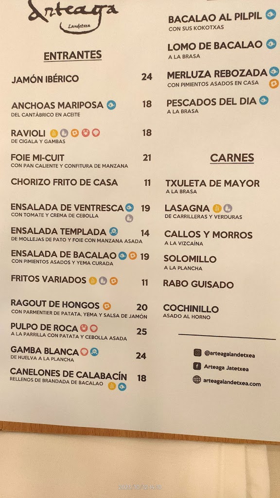 Restaurante Arteaga Landetxea — Carta