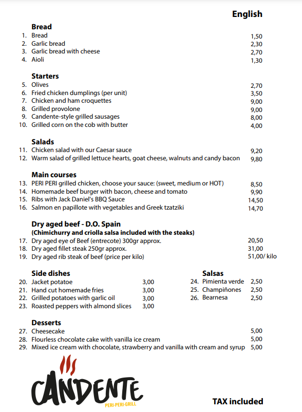 Restaurante Candente — Carta