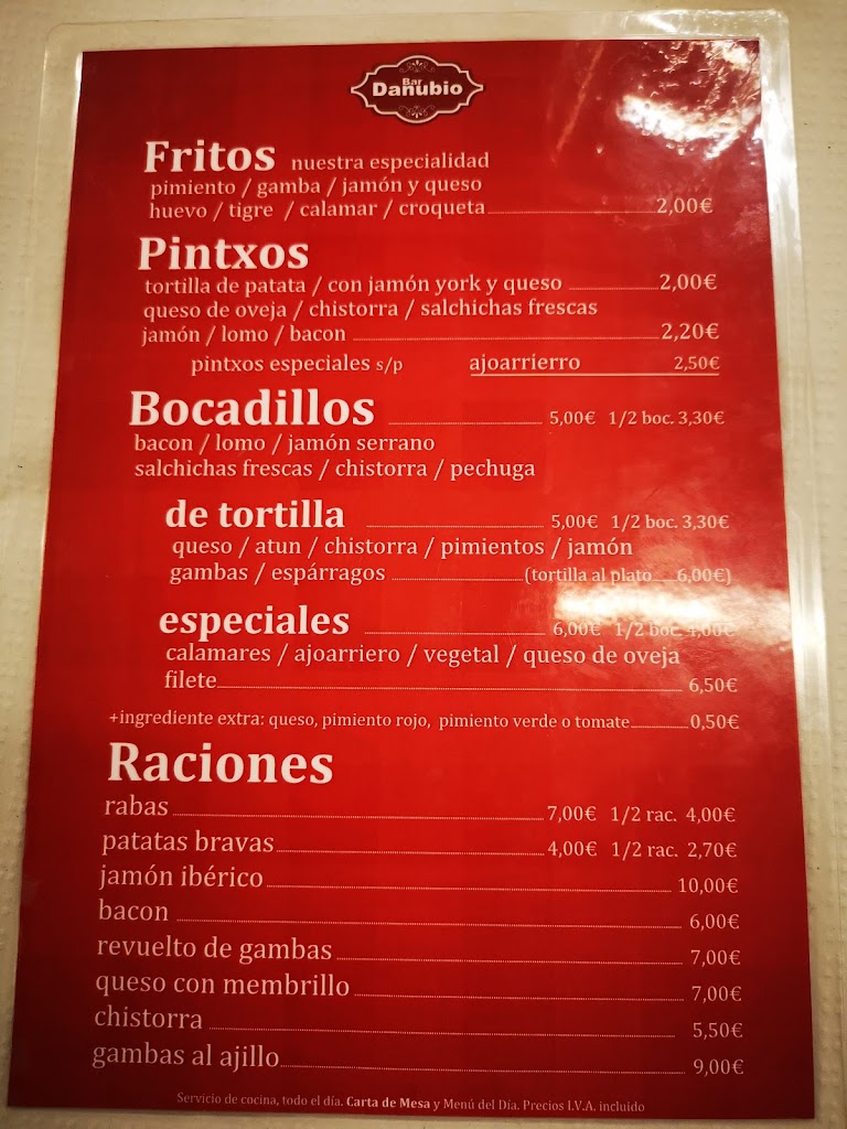 Bar Danubio — Carta