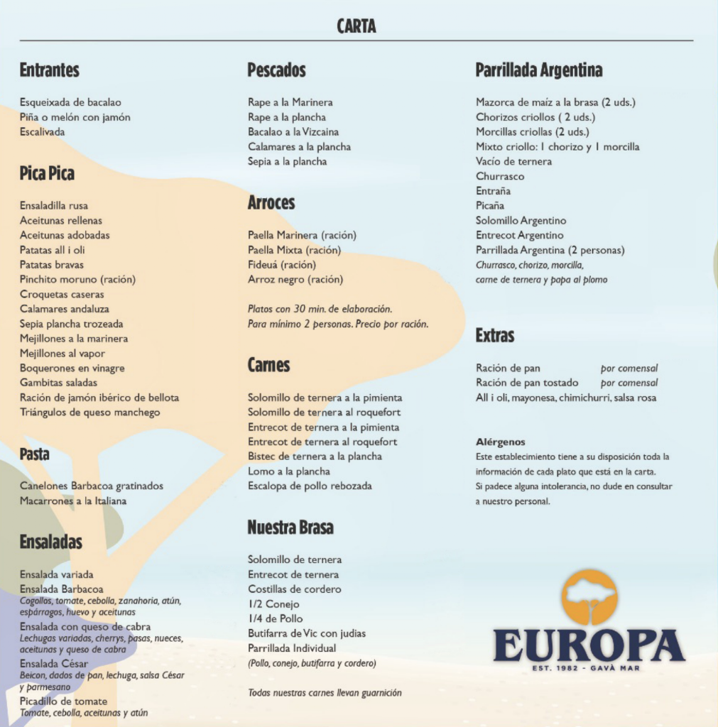 Restaurante EUROPA Barbacoa — Carta